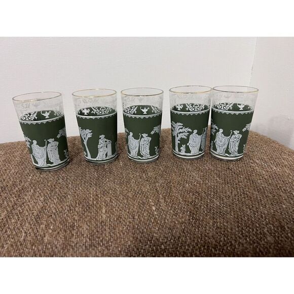 5 Hellenic Wedgwood Green Small Gold Rimmed Mid Century Jasperware Glasses - Picture 1 of 10